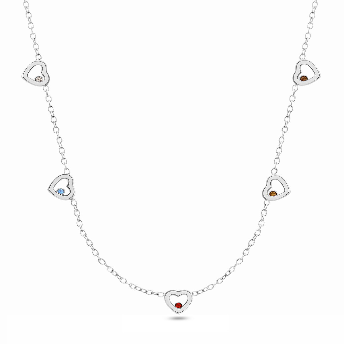 Floating Birthstone Multi Heart Necklace (Silver)