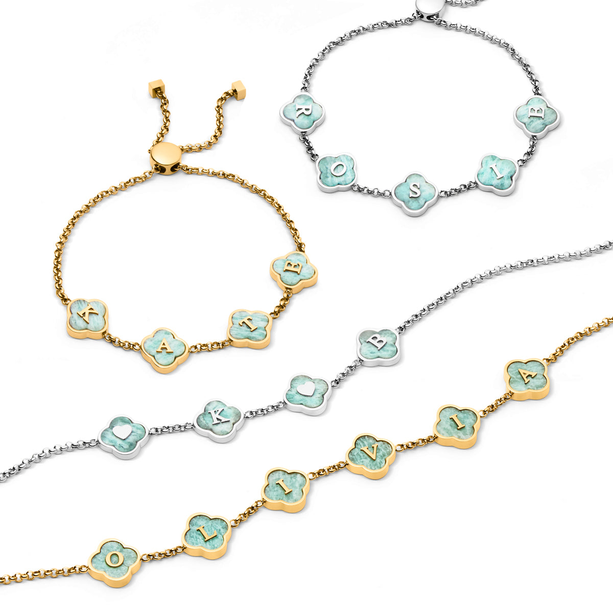 Amazonite Clover Custom Name Necklace (Gold)