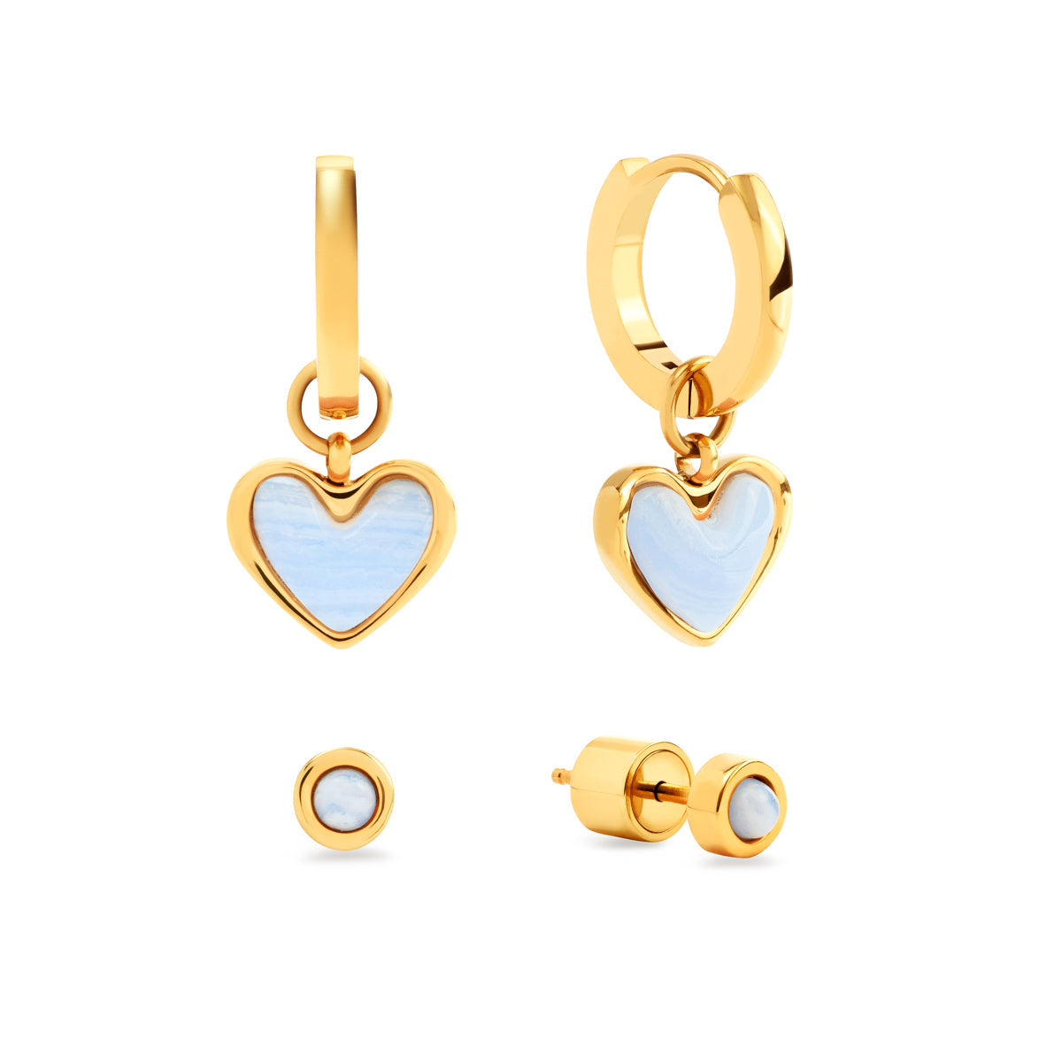 Light Blue Lace Agate Heart Huggie Earrings Set (Gold)