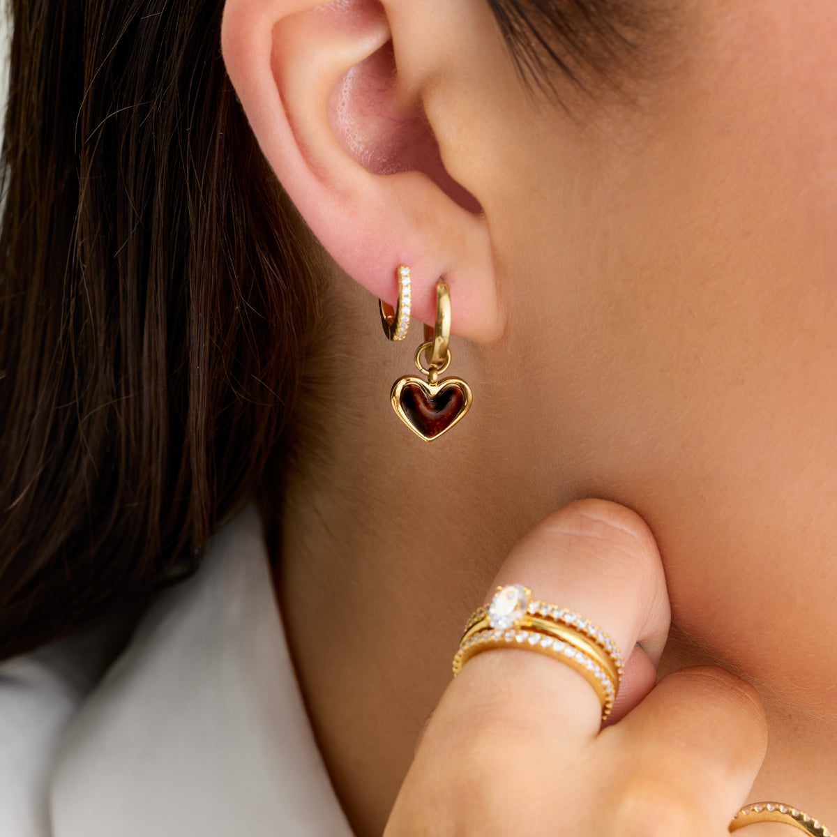 Chocolate Brown Heart Huggie Earrings (Gold)