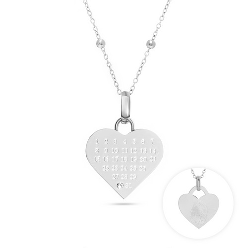Custom Calendar & Fingerprint Heart Necklace (Silver)