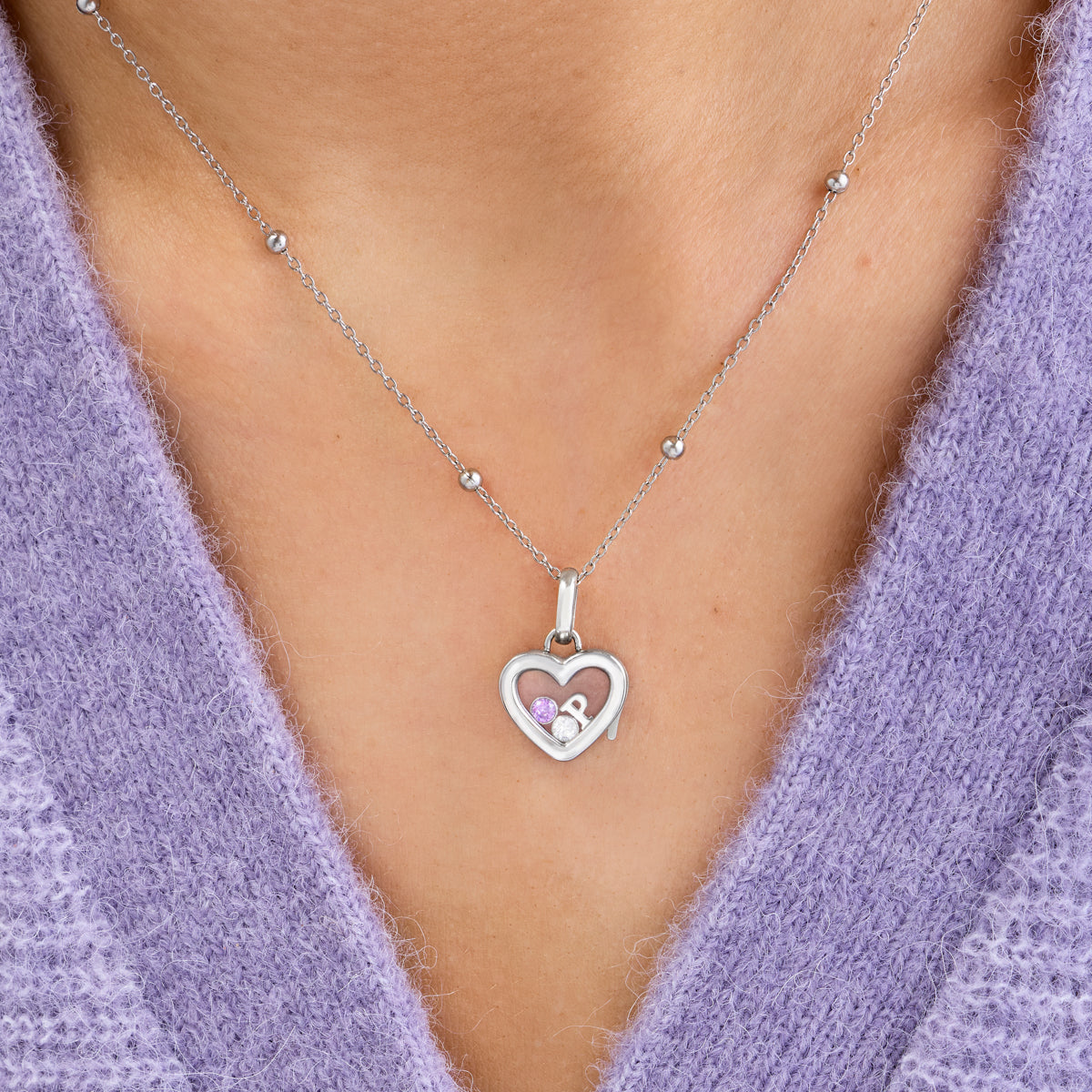 Floating Charm Heart Locket Necklace (Silver)