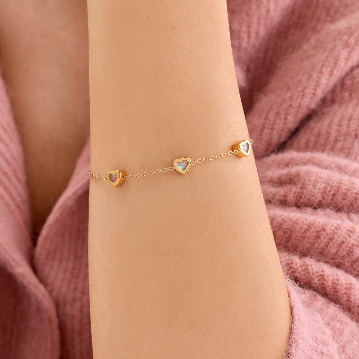 Floating Birthstone Multi Heart Bracelet (Gold)