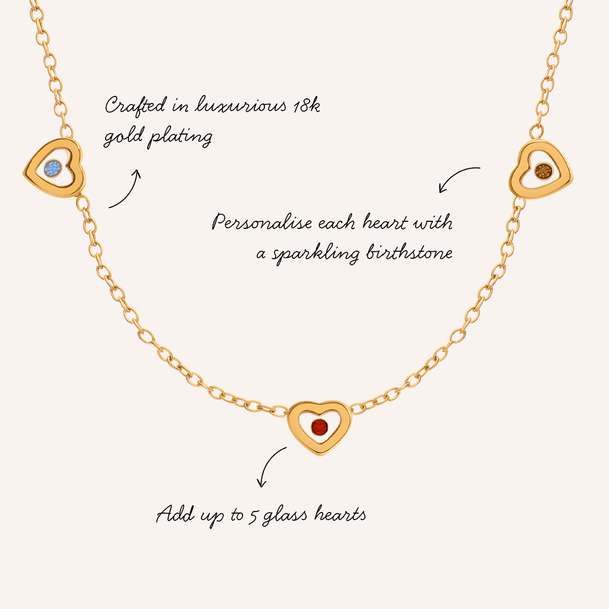 Floating Birthstone Multi Heart Necklace (Gold)