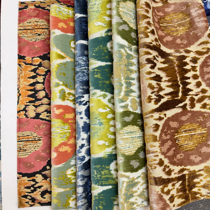 KAYA -IKAT EFFECT DESIGNER PATTERN CUT VELVET UPHOLSTERY FABRIC BY THE YARD