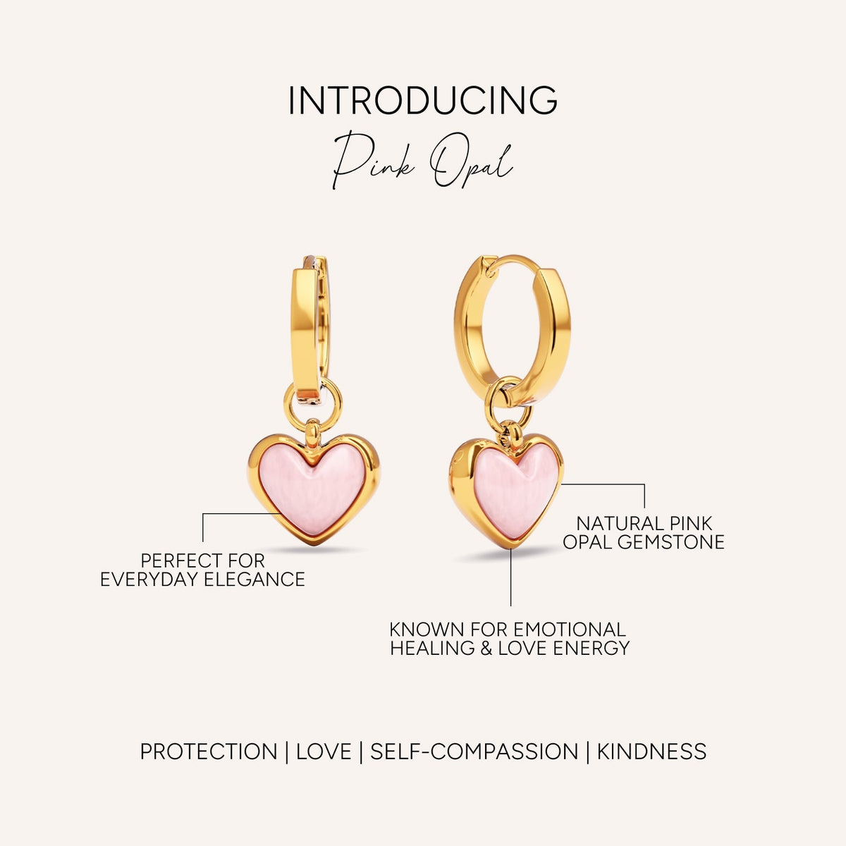 Pale Pink Opal Heart Huggie Earrings (Gold)