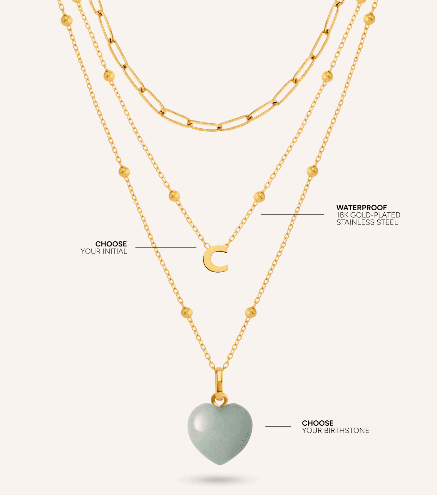 Mini Letter & Heart Birthstone Layered Necklace Set (Gold)