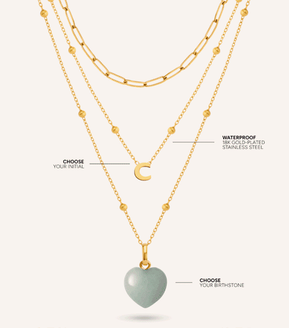 Mini Letter & Heart Birthstone Layered Necklace Set (Gold)