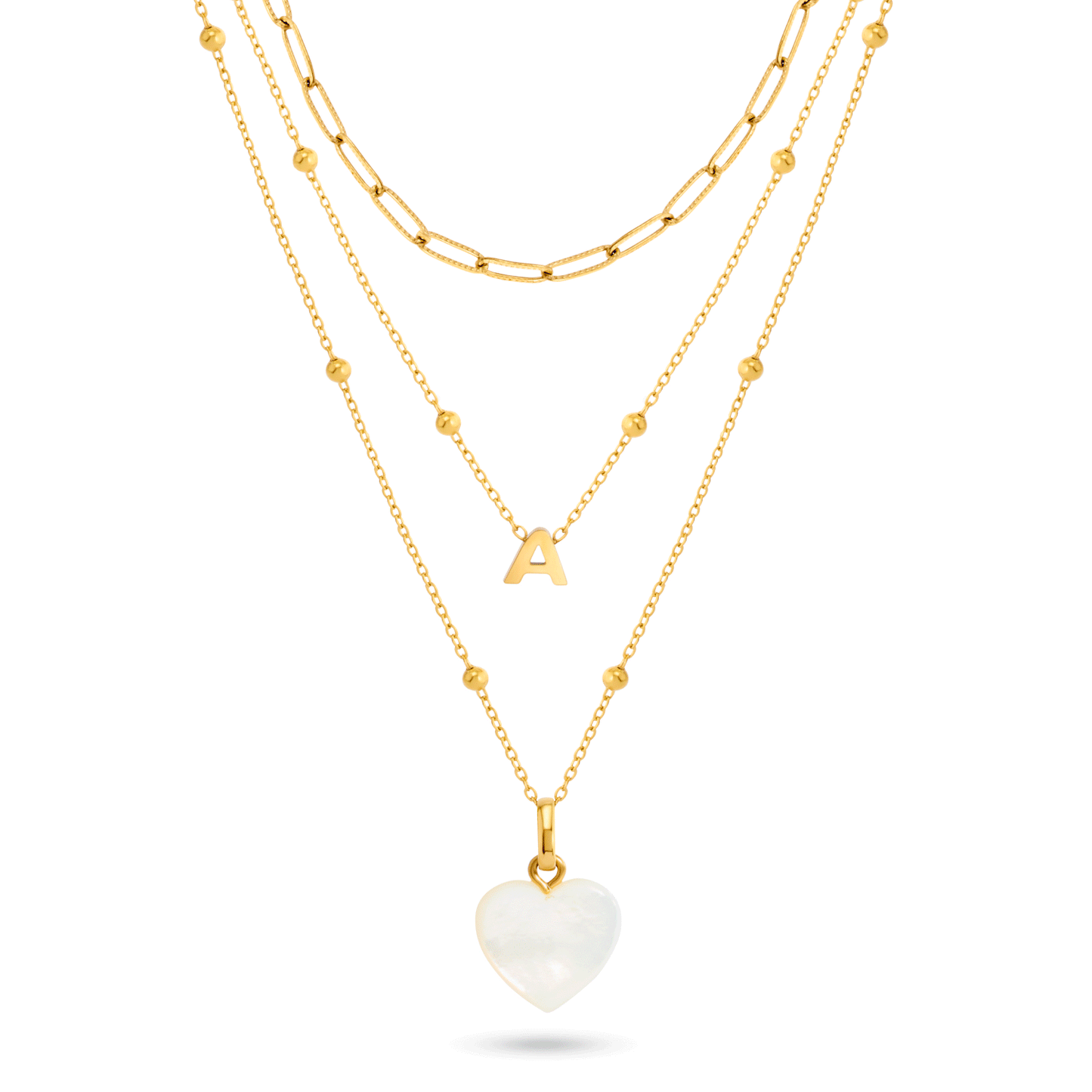 Mini Letter & Heart Birthstone Layered Necklace Set (Gold)
