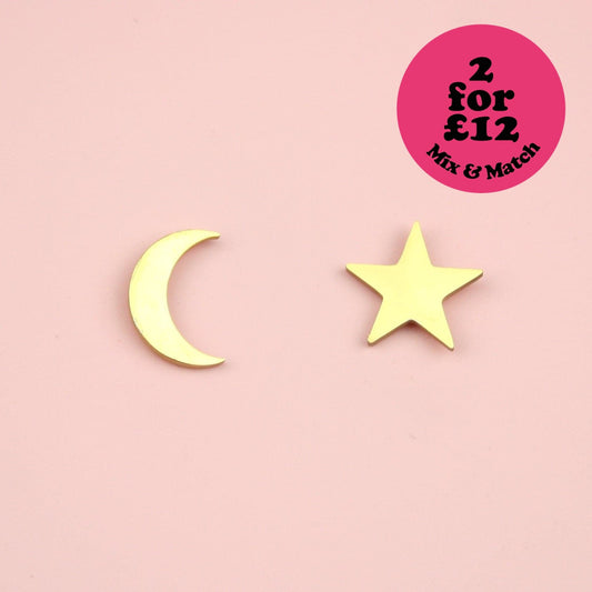 Star & Crescent Moon Stud Earrings (Gold Plated)