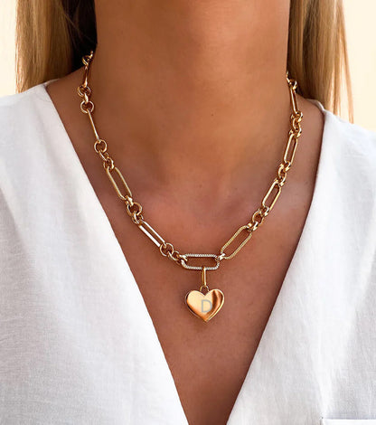Heart Figaro Chain Necklace (Gold)