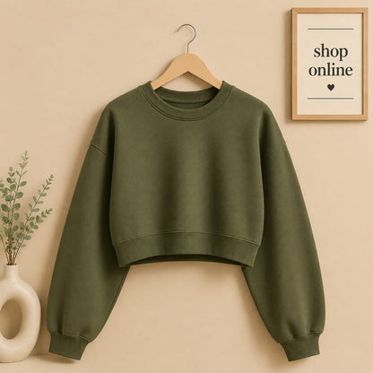 BASIC OLIVE GREEN CROP SWEATSHIRT