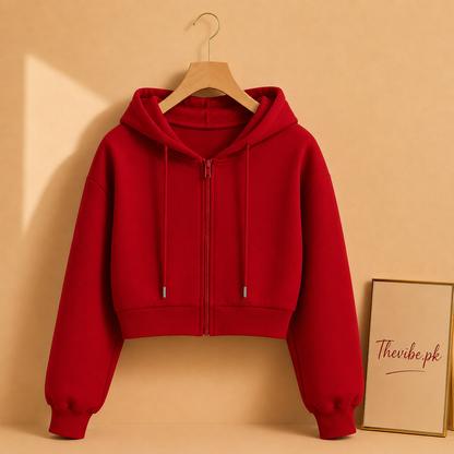 BASIC RED CROP ZIPPER HOOD