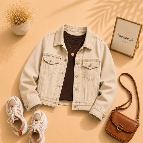 BEIGE DENIM JACKET WITH BROWN TANK TOP