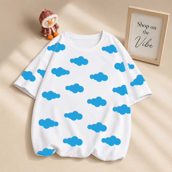 BLUE CLOUDS ON WHITE TEE