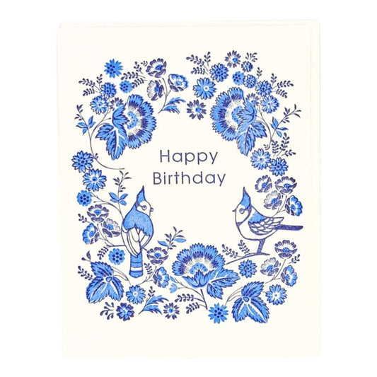 Card* - Birthday - Blue Floral Birds Happy Birthday by Ilee Papergoods
