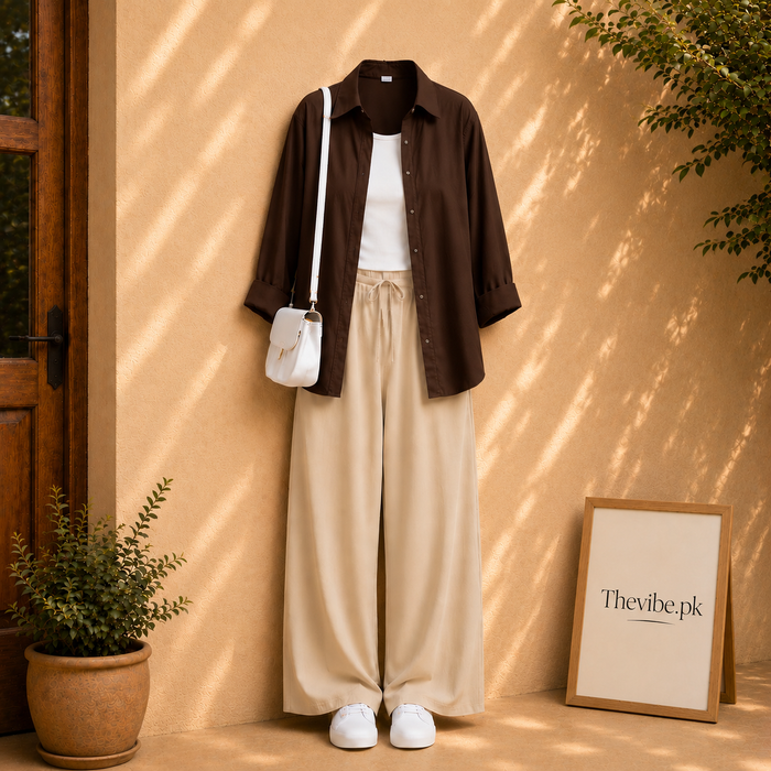 DARK BROWN BUTTON DOWN SHIRT WITE WHITE TANK TOP AND BEIGE FLAPPER