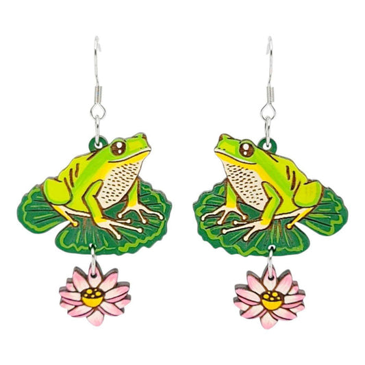 Earrings - Frog and Lily Pad (Silver French Hooks) by Fresh Cuttery