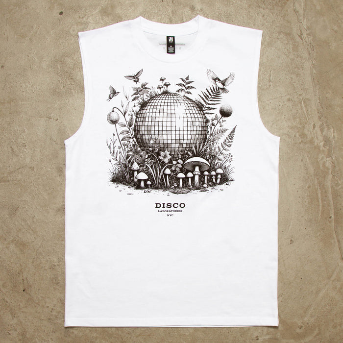 Ecology Disco Labs Front Print - Tank Tshirt - White