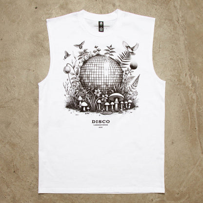Ecology Disco Labs Front Print - Tank Tshirt - White