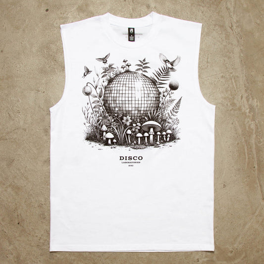 Ecology Disco Labs Front Print - Tank Tshirt - White