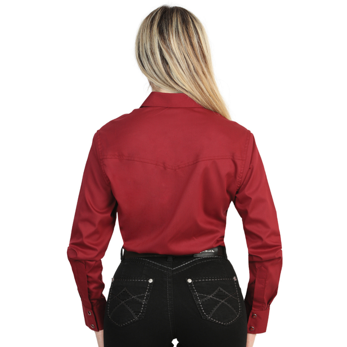 Back view of El General women’s red Western button-down shirt with snap pockets on model