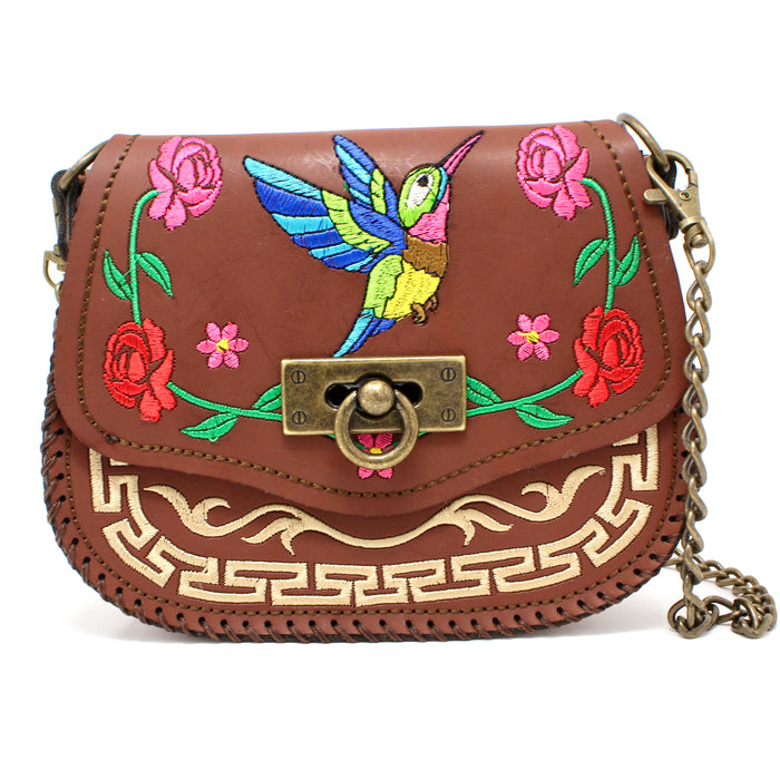 Front View Kids’ brown leather crossbody bag with hummingbird embroidery