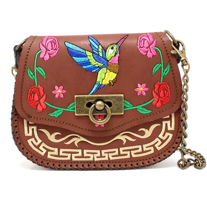 Front View Kids’ brown leather crossbody bag with hummingbird embroidery