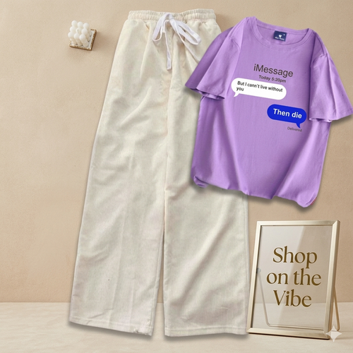 LILAC TEE IMESSAGE WITH BEIGE FLAPPER