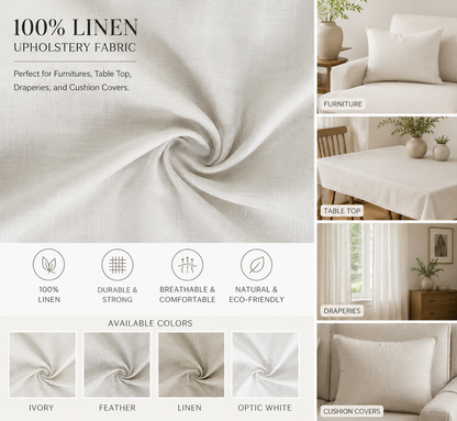 LINEN, 100% Linen Upholstery Fabric, Perfect for Furniture, Table Top, Draperies, and Cushion Covers