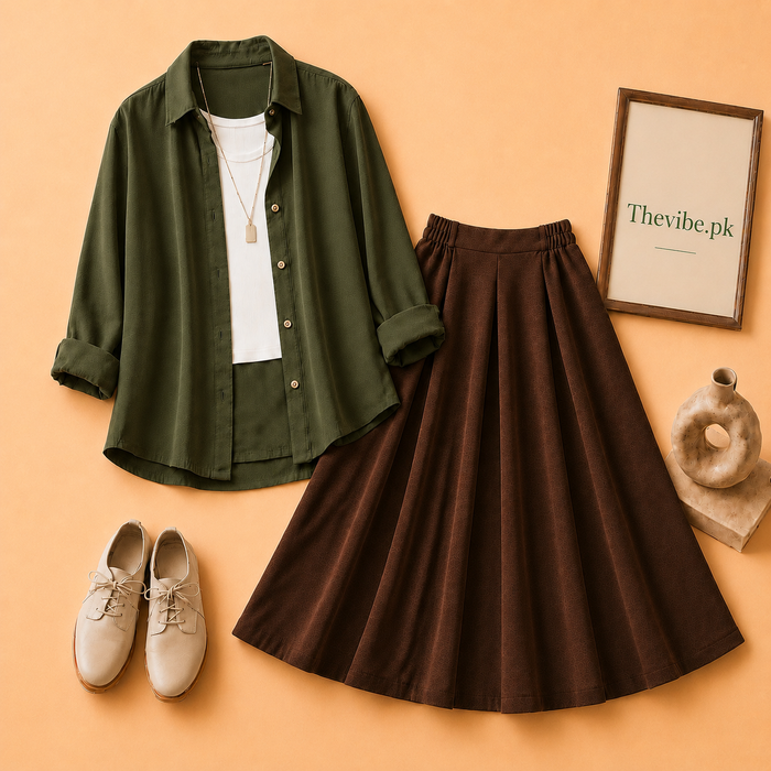 OLIVE GREEN BUTTON DOWN SHIRT WITH WHITE TANKTOP AND BROWN TWILL SHIRT