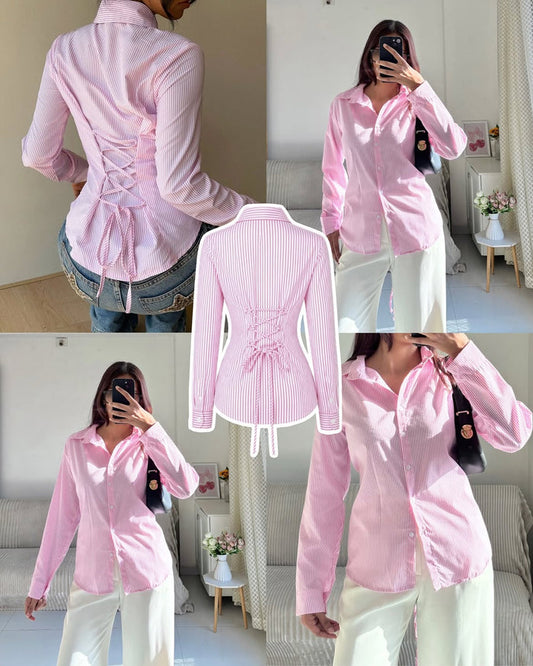 PINK N WHITE CORSET LACE-UP BACK STRIPE SHIRT
