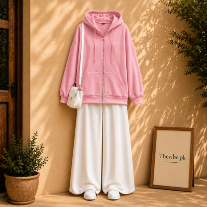 PINK ZIP HOODIE WITH WHITE FLAPPER
