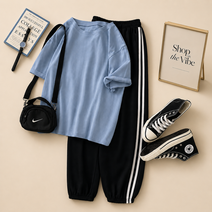 PLAIN SKY BLUE TSHIRT WITH STRIPE TROUSER