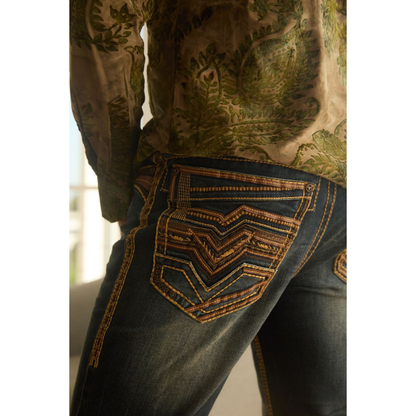 Close-up of back pocket design on Platini Holt Men’s Dark Stone Slim Boot Cut Jeans with heavy tan stitching.