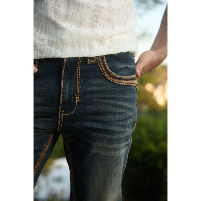 Front upper section of Platini Holt Dark Stone Jeans showing detailed contrast stitching and faded wash.