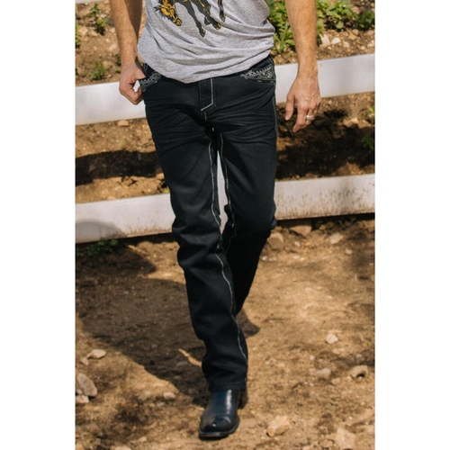 Platini men’s black Western slim straight jeans paired with boots- front live view