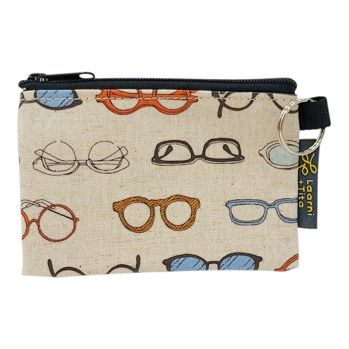 LT05D02 $20 - Glasses Multi on Linen - Coin Purse - Muted Colors