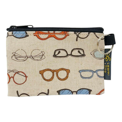 LT05D02 $20 - Glasses Multi on Linen - Coin Purse - Muted Colors