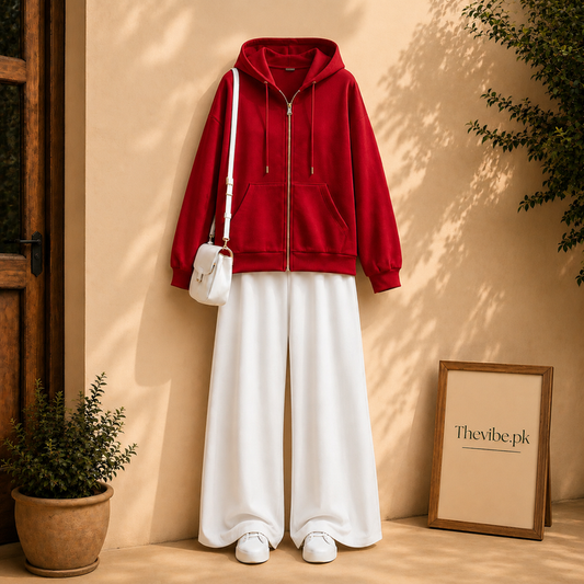 RED ZIP HOODIE WITH WHITE FLAPPER