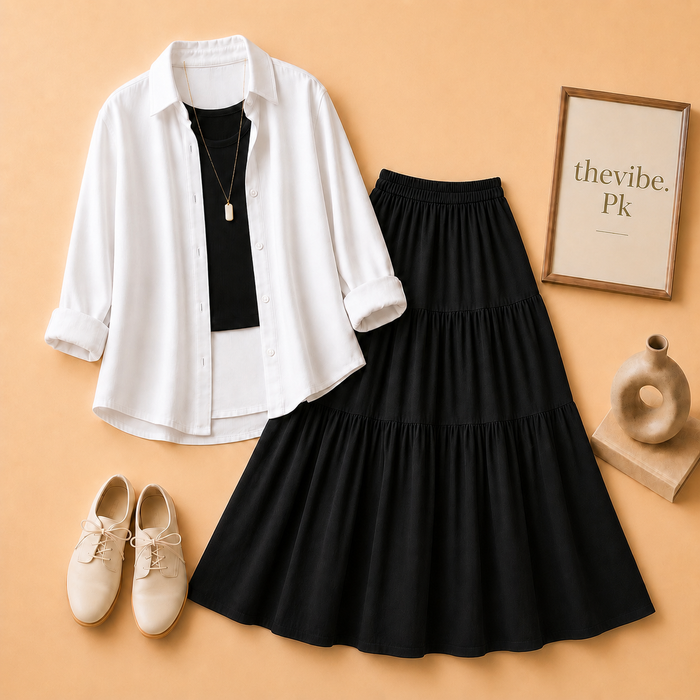 WHITE BUTTON DOWN SHIRT WITH BLACKTANK TOP AND 3TIER BLACK TWILL SKIRT
