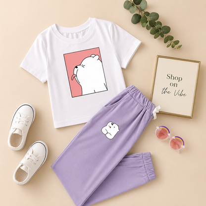 WHITE TSHIRT PANDA TONGUE WITH LILAC TROUSER POCKET ICE BEAR