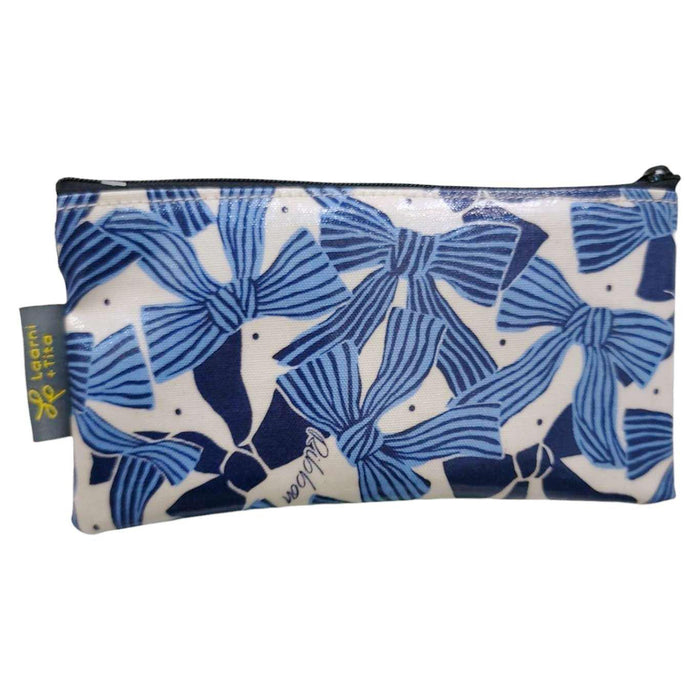 LT01D03 $25 - Large Bows Blue on White - Muted Colors Small Wristlet