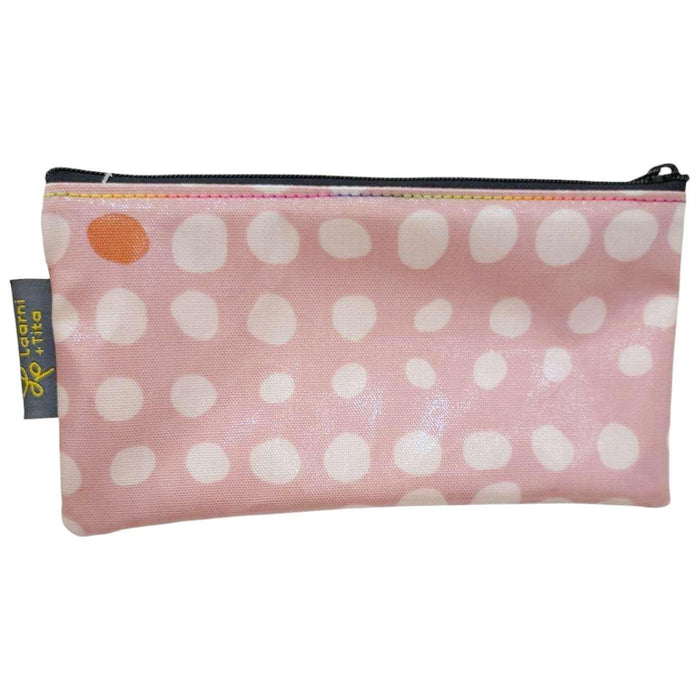 LT01D07 $25 - Small Dot White on Pink - Muted Colors Small Wristlet