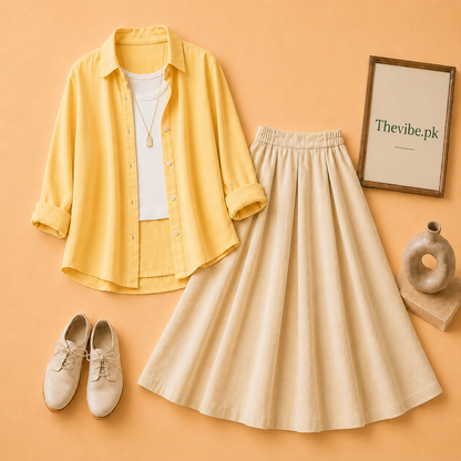 YELLOW BUTTON DOWN SHIRT WITH WHITE TANKTOP AND BEIGE TWILL SHIRT